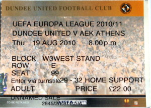 dundee united v aek athans 2010 stub